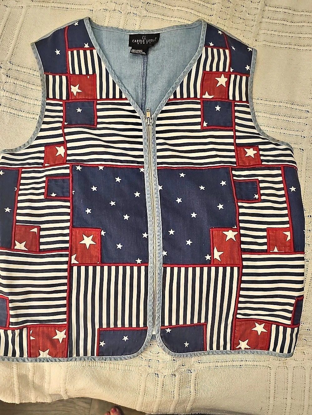 Vintage Vest Patchwork Denim 80s Carol Little Xlarge Women Retro 100% Cotton